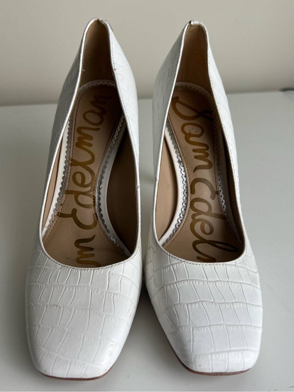 Sam Edelman White Crocodile Embossed Leather Pumps Bridal Heels